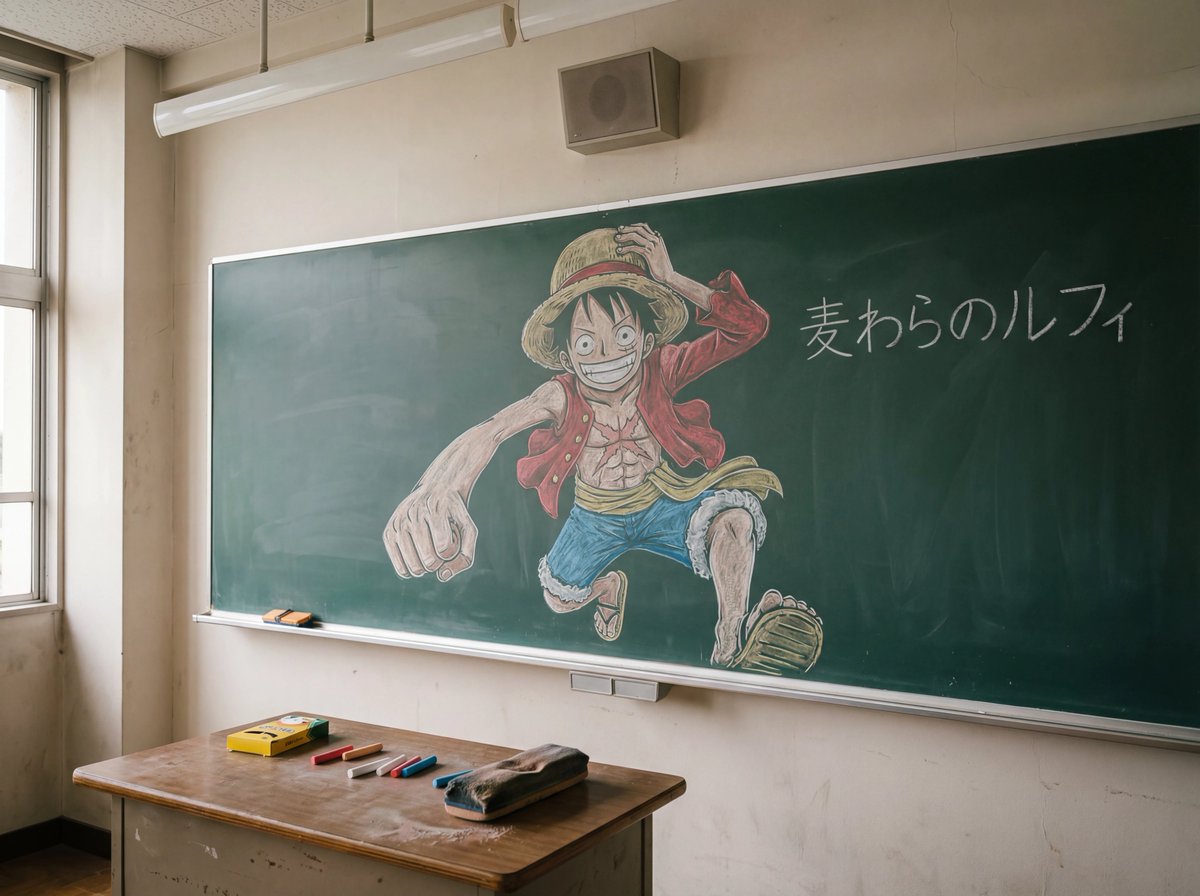Luffy Chalk Art on Classroom Blackboard