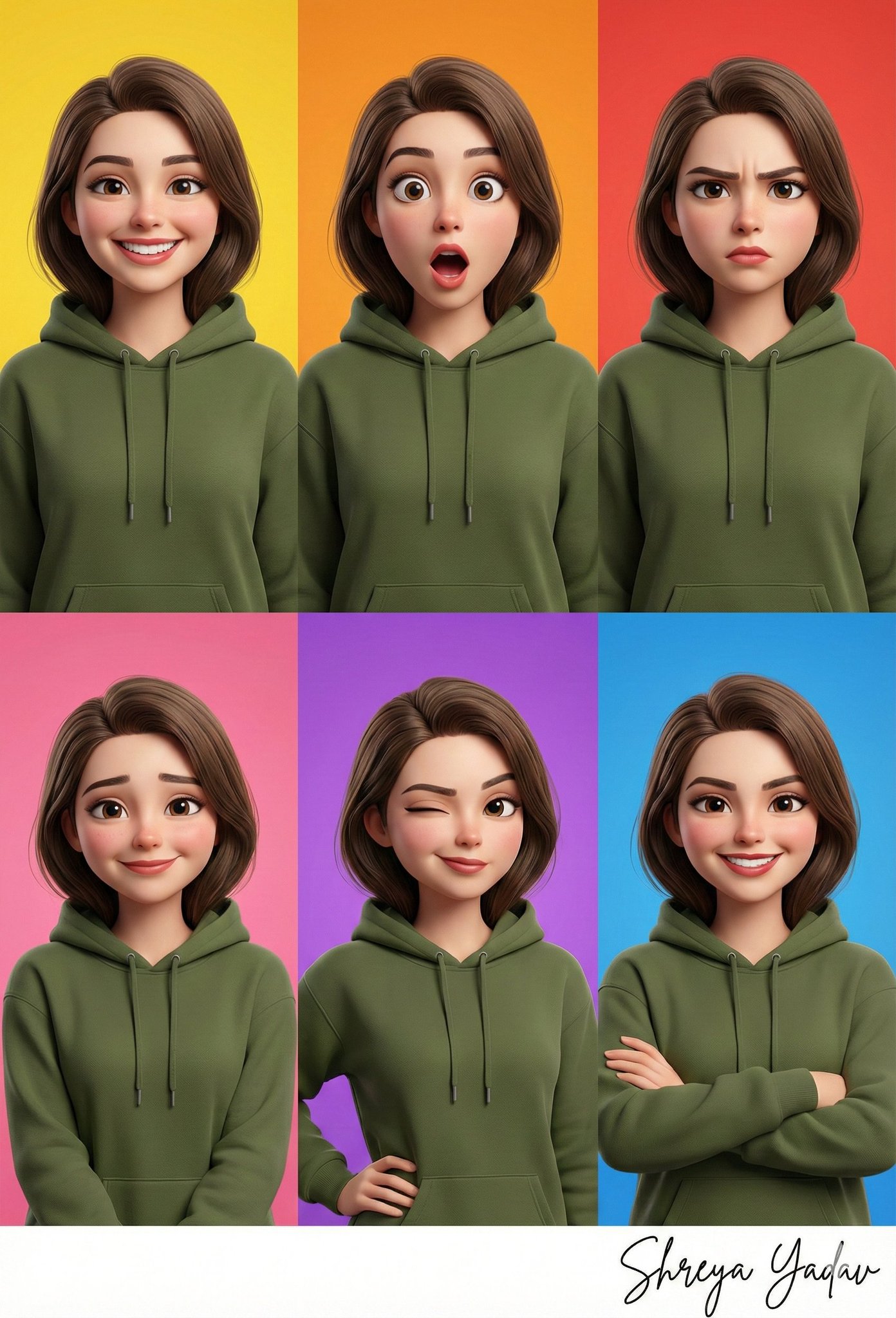 3D Caricature Woman Six Emotions Collage