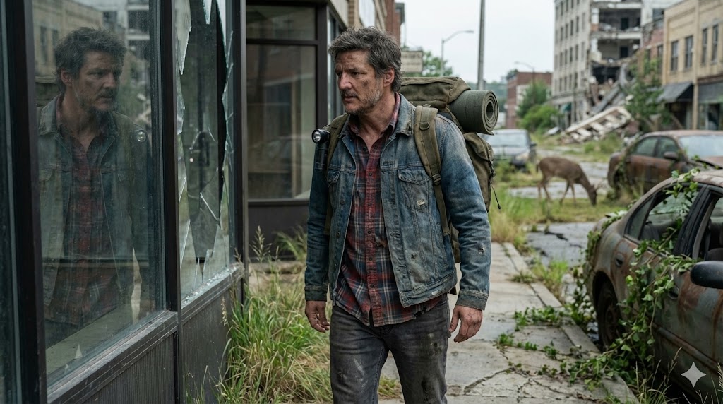 Rugged Survivor Walking Through Overgrown City Street
