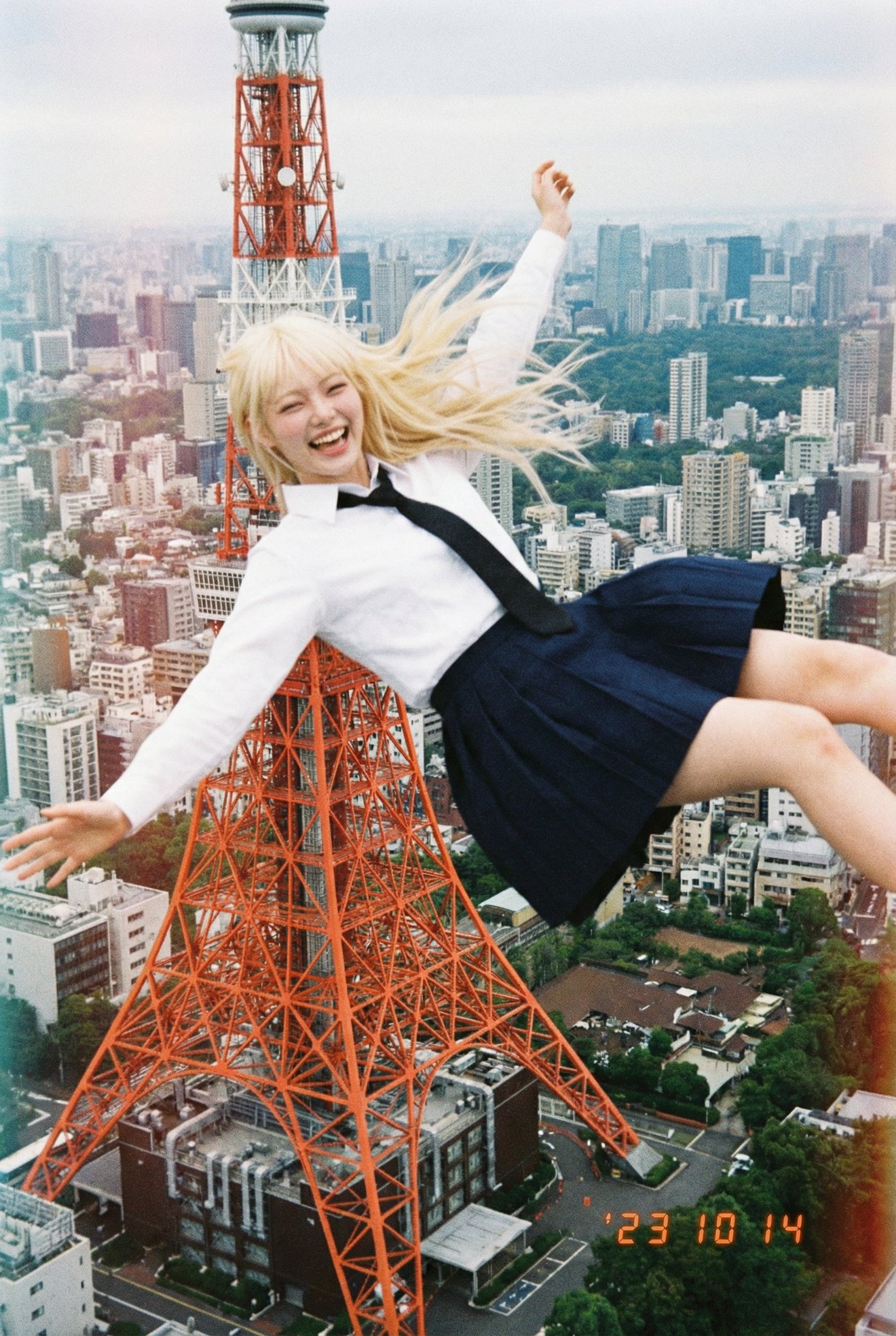 Aerial View of Smiling Person Falling into Tokyo Skyline