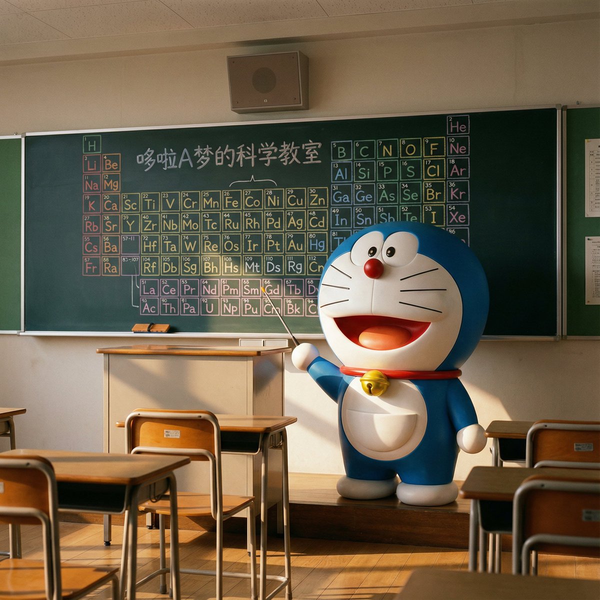 Doraemon Preparing Chemistry Lesson in Classroom