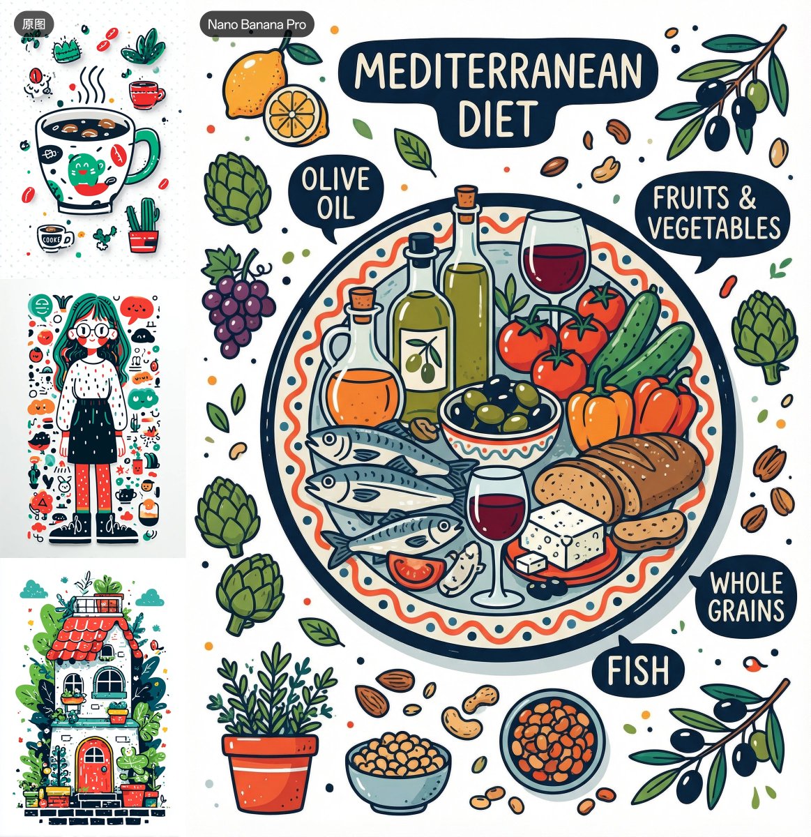 Mediterranean Diet Illustration Style Reference