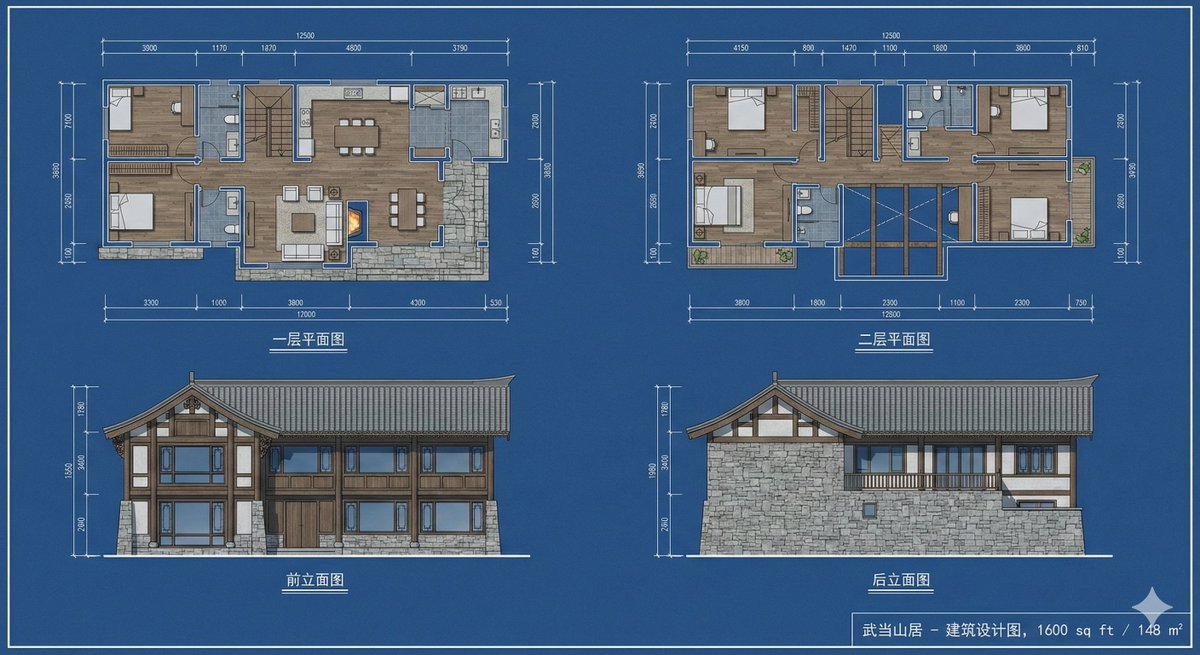 Wudang Mountain Double-Story Residence Blueprint
