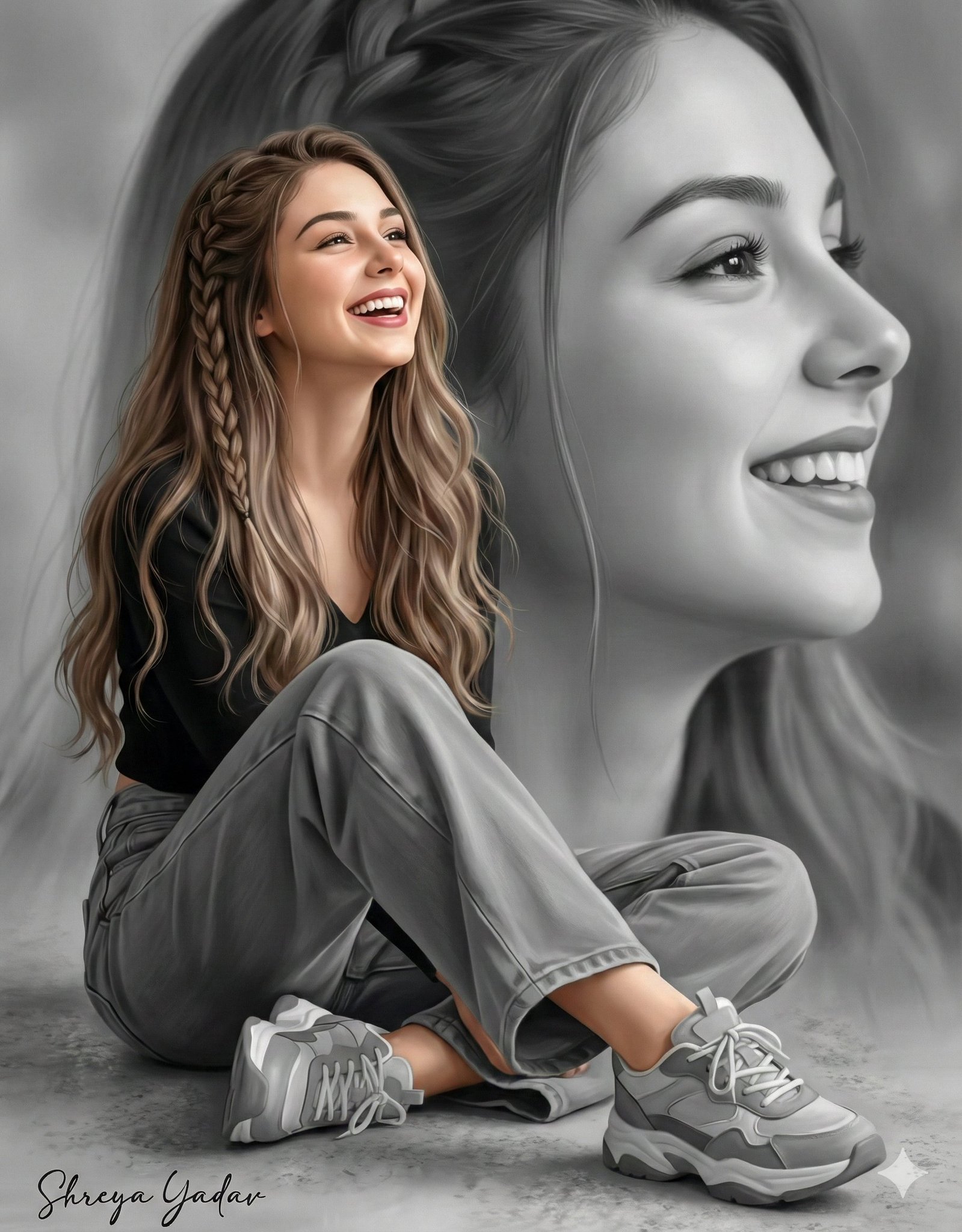Elegant Woman Laughing with Artistic Monochrome Face Background
