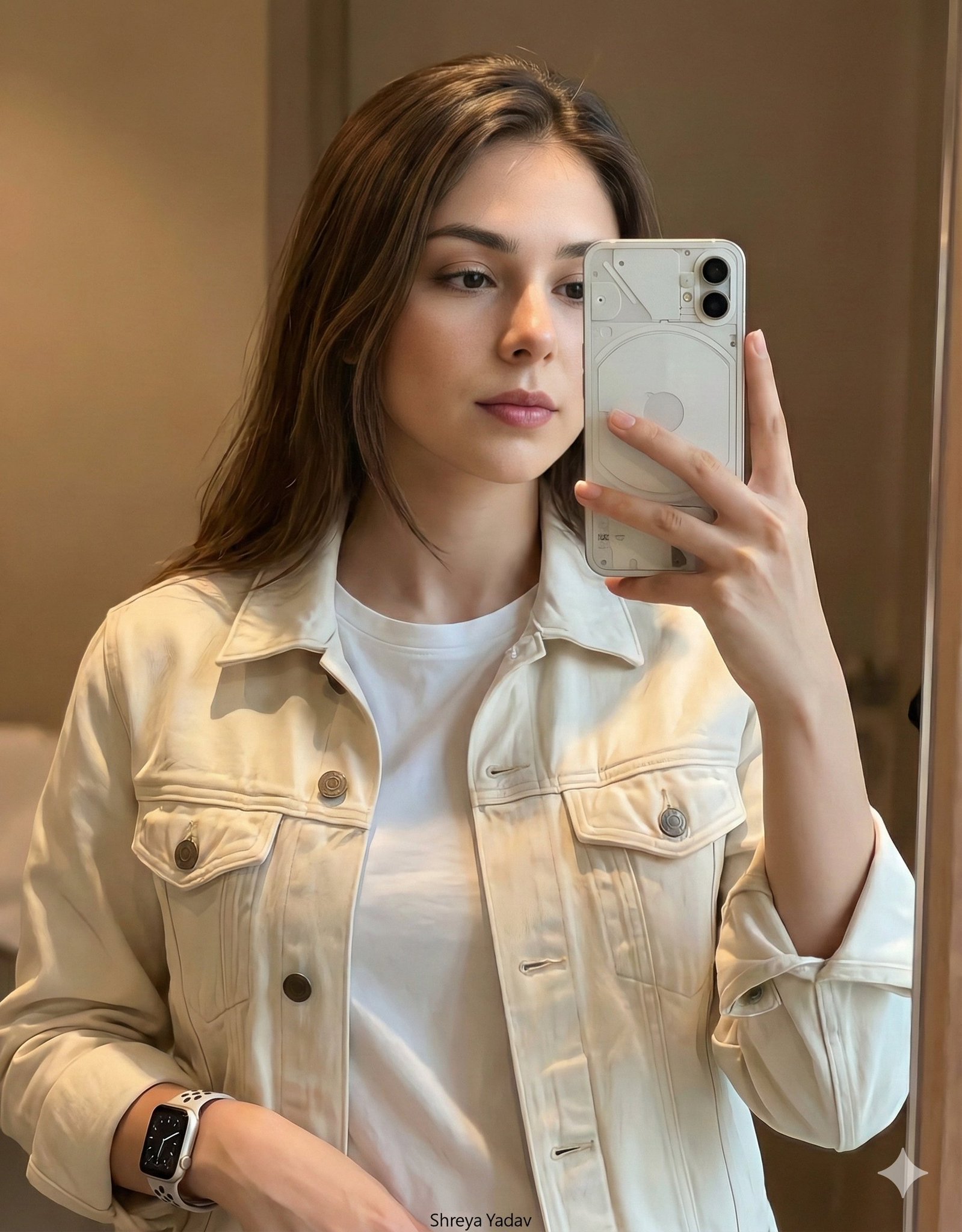 Young Woman with Long Brown Hair Mirror Selfie