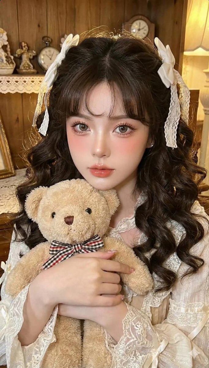 Porcelain Doll Woman Hugging Teddy Bear
