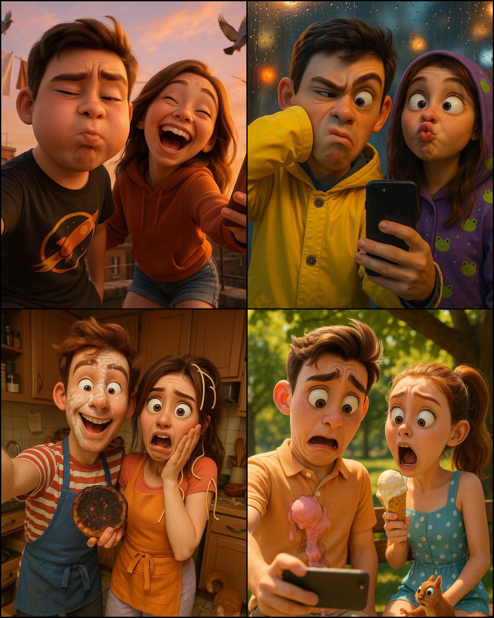 Pixar-Style Rooftop Selfie Sneeze Portrait