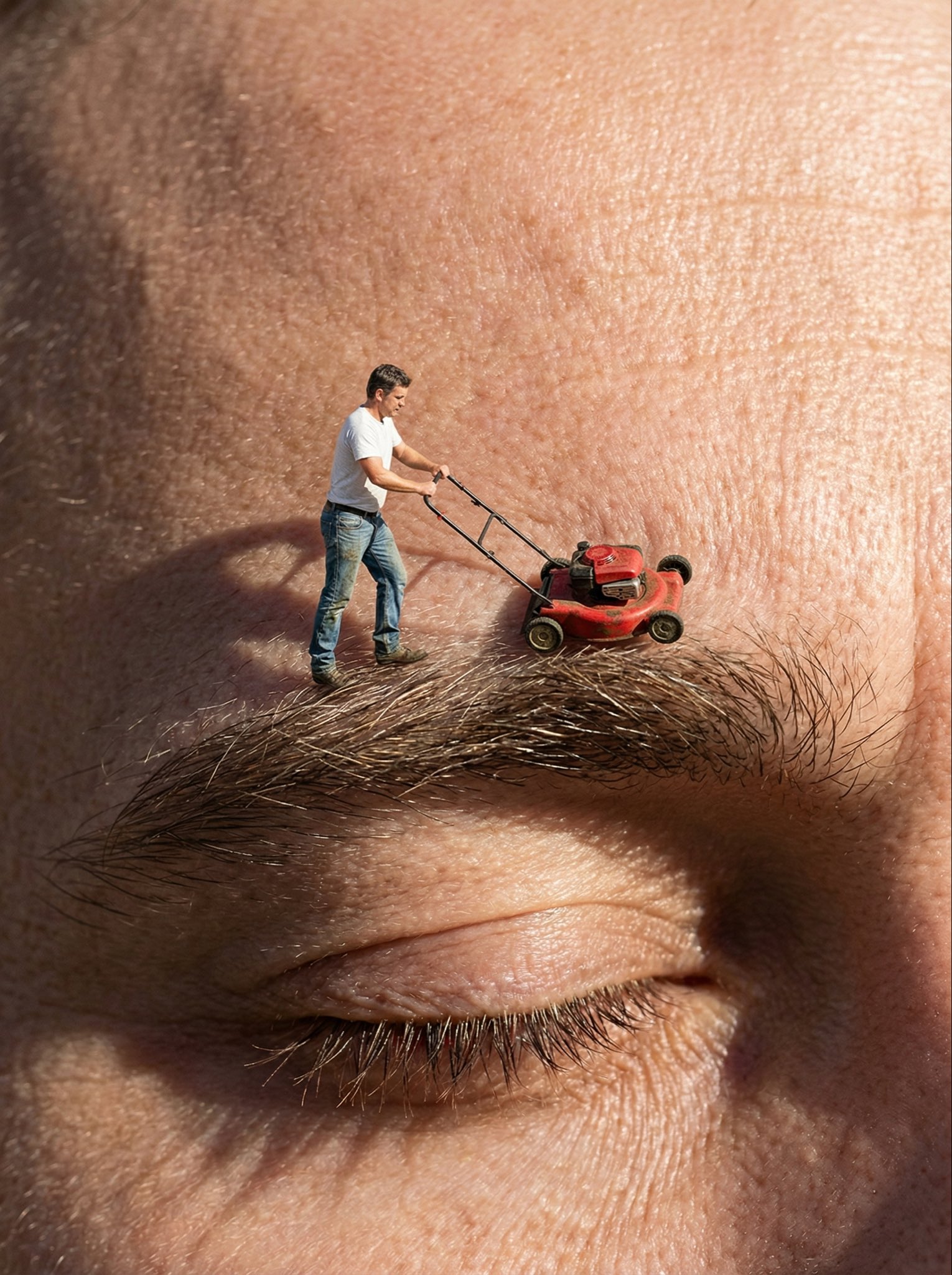 Miniature Man Trimming Giant Eyebrow with Lawnmower