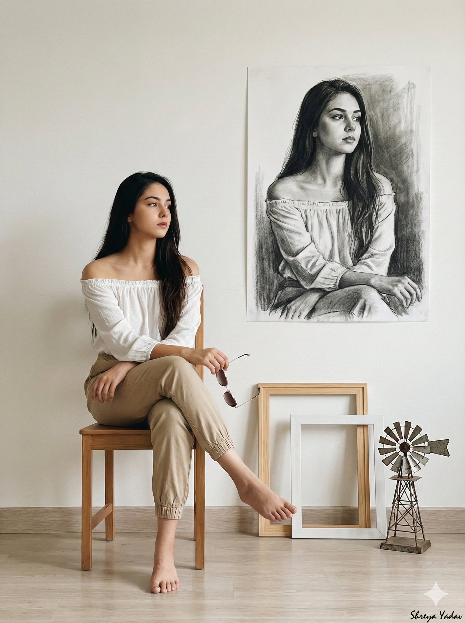 Woman Barefoot Cross-Legged on Wooden Chair with Portrait