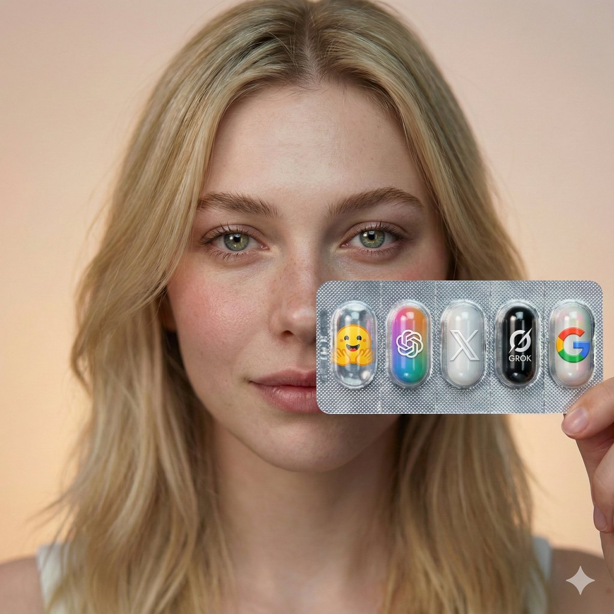 Woman Holding Blister Pack with AI Logos Close-Up