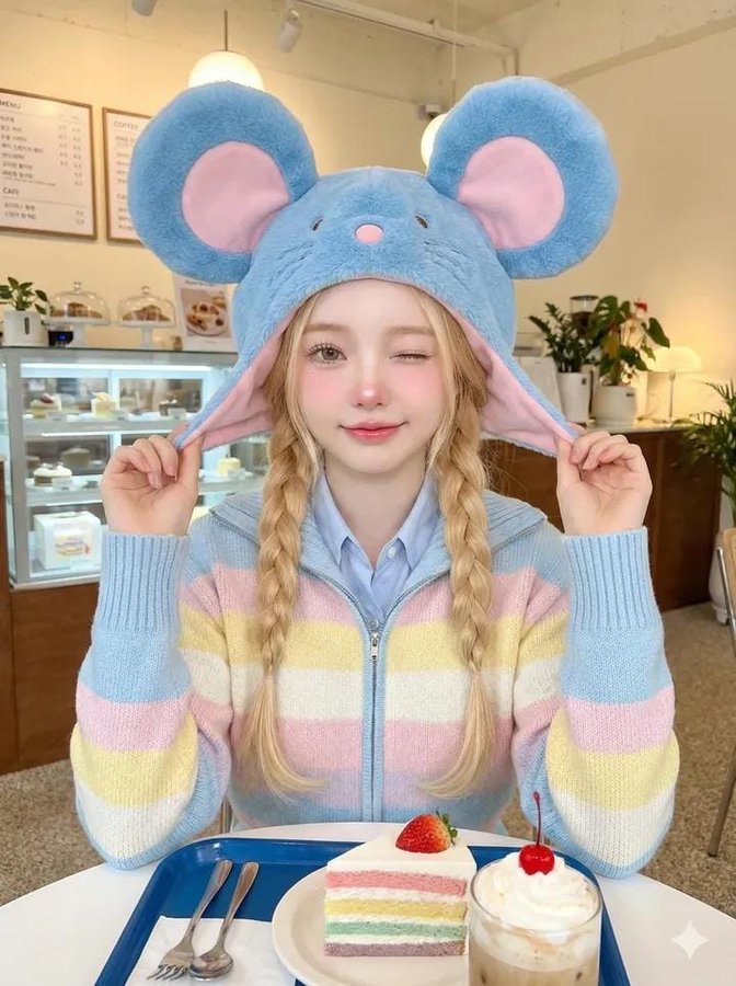 Cute Girl in Oversized Mouse Hat at Cozy Café