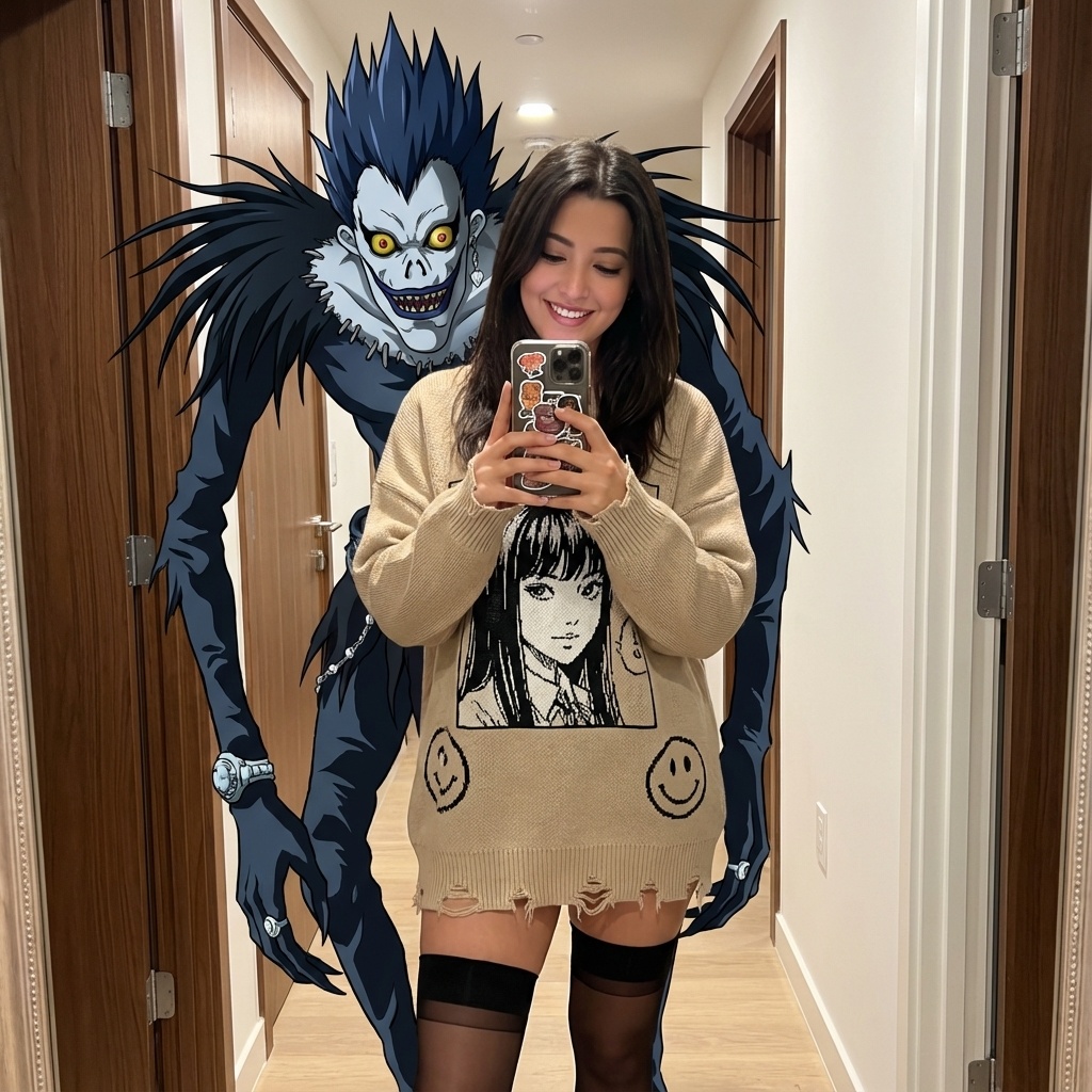 Gen Z Anime-Core Mirror Selfie with 2D Overlay
