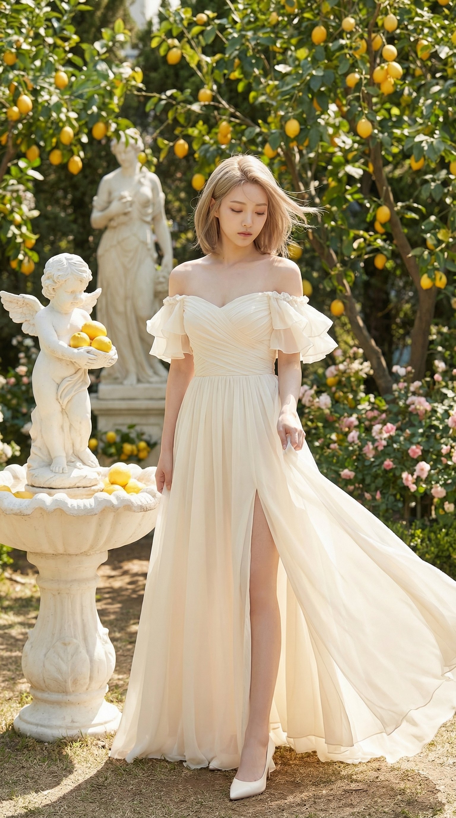 Elegant Woman in Ivory Chiffon Gown by Lemon Garden Fountain - view 2
