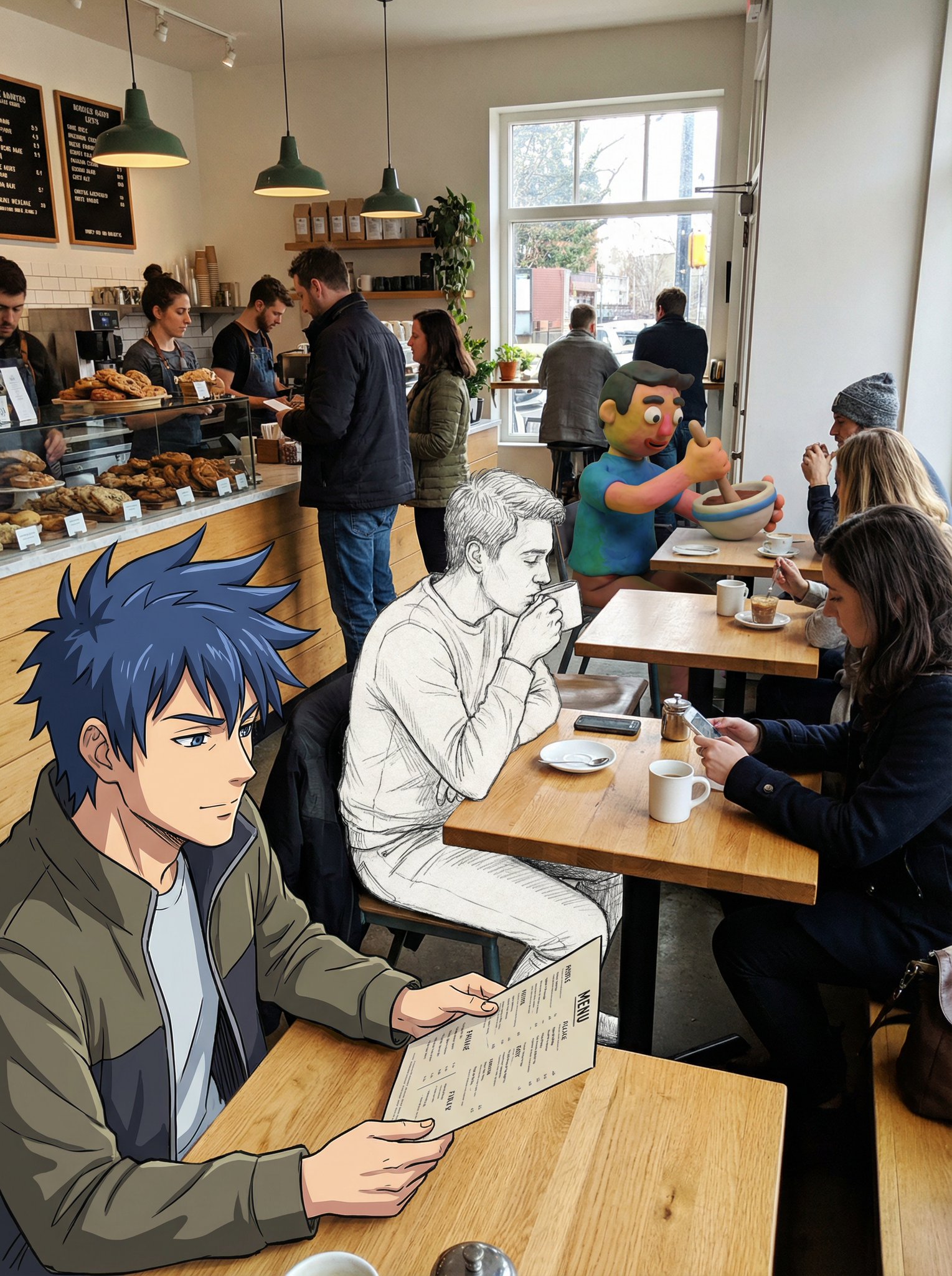 Busy Cafe with Anime, Sketch and Claymation Characters