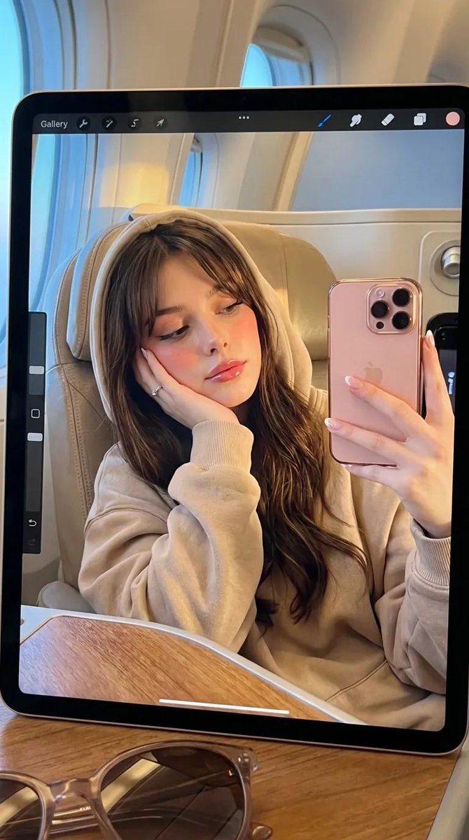 Woman's Reflection on iPad in Airplane Cabin