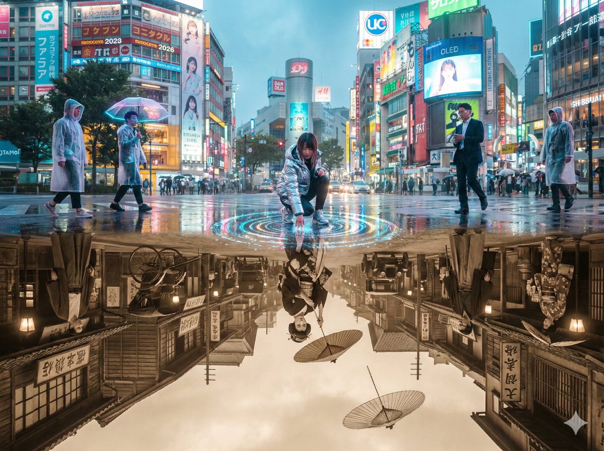 Shibuya Crossing: 2026 Neon Meets 1926 Reflection