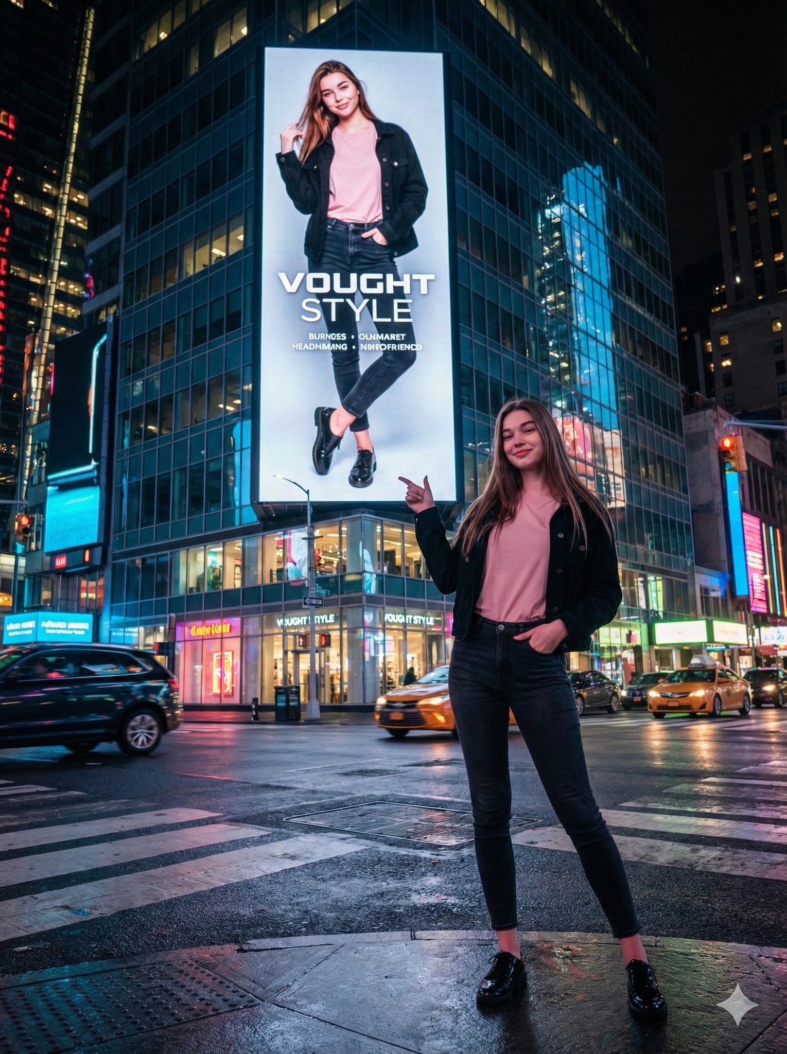 Young Woman Pointing to Giant Digital Billboard Portrait