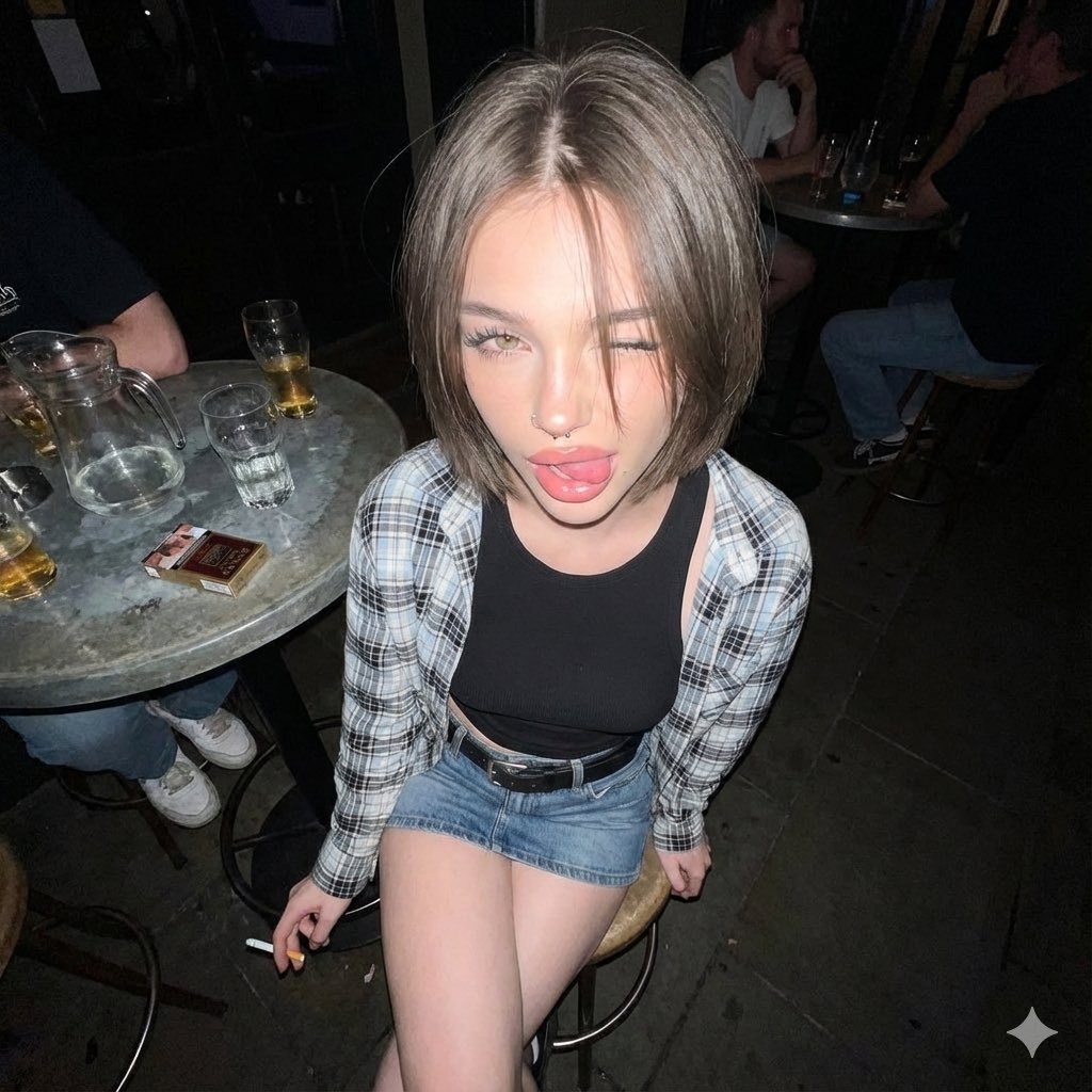 Playful Young Woman Winking at Bar