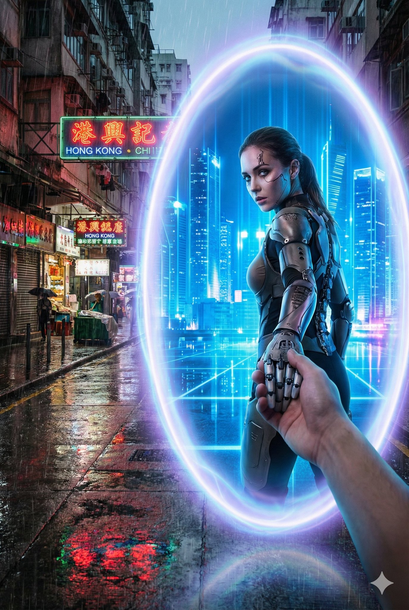 Cyborg Girl Portal from Tokyo Winter to Futuristic Neon City
