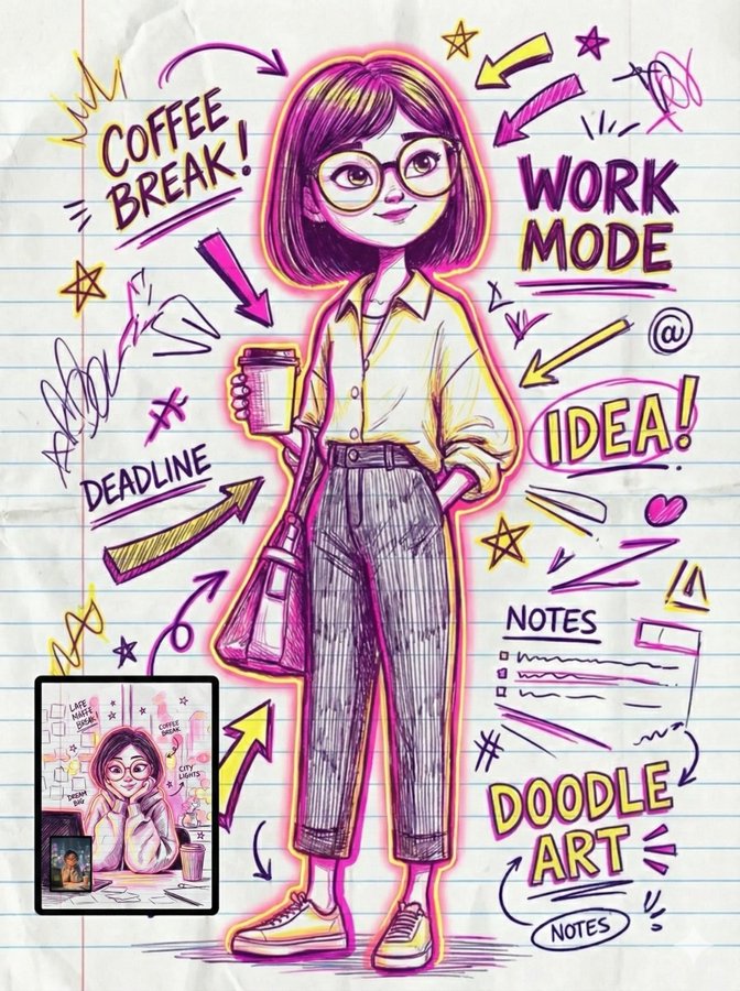 Neon Doodle Portrait on Lined Paper