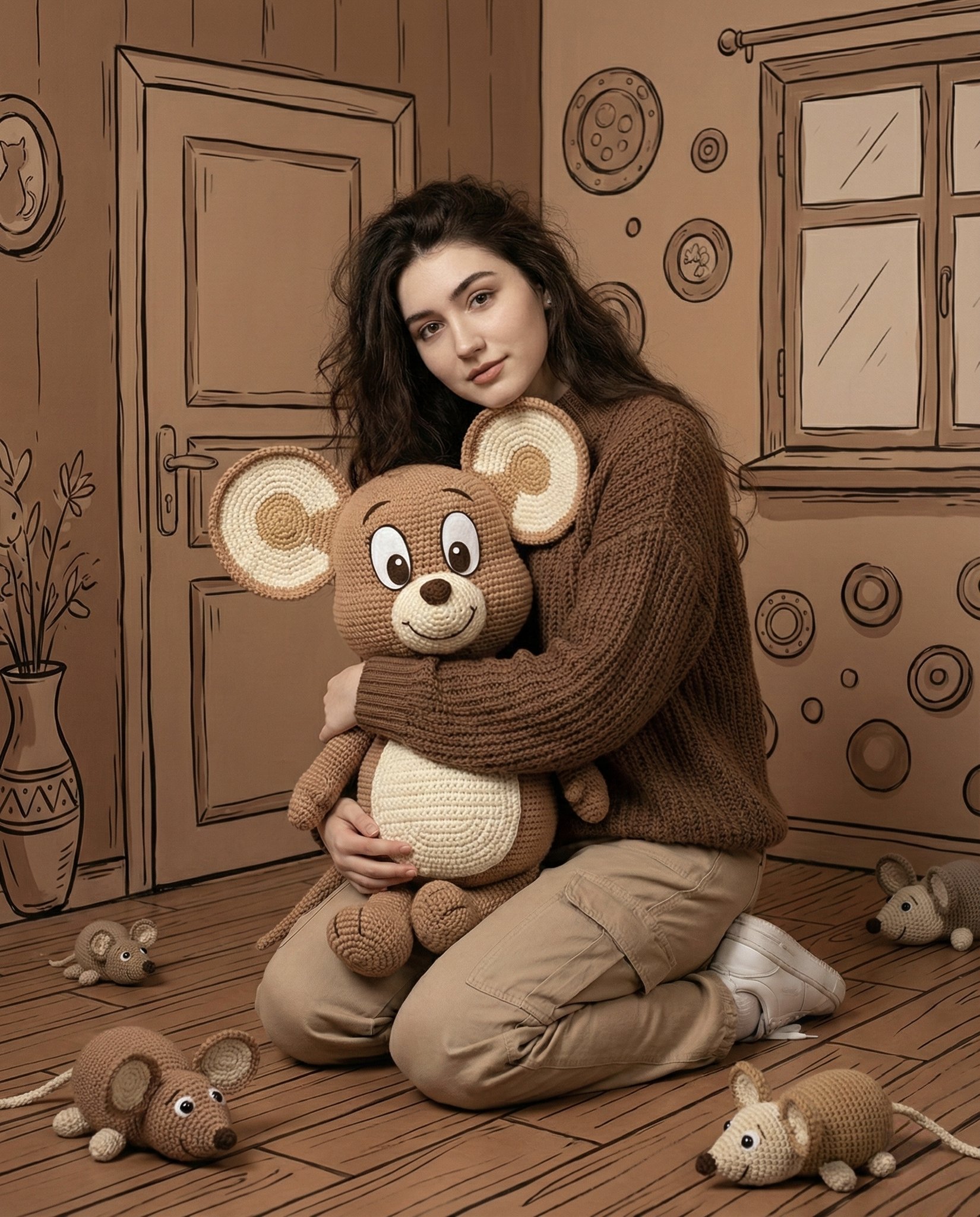 Beautiful Woman Hugging Large Crocheted Mouse in Cartoon Room