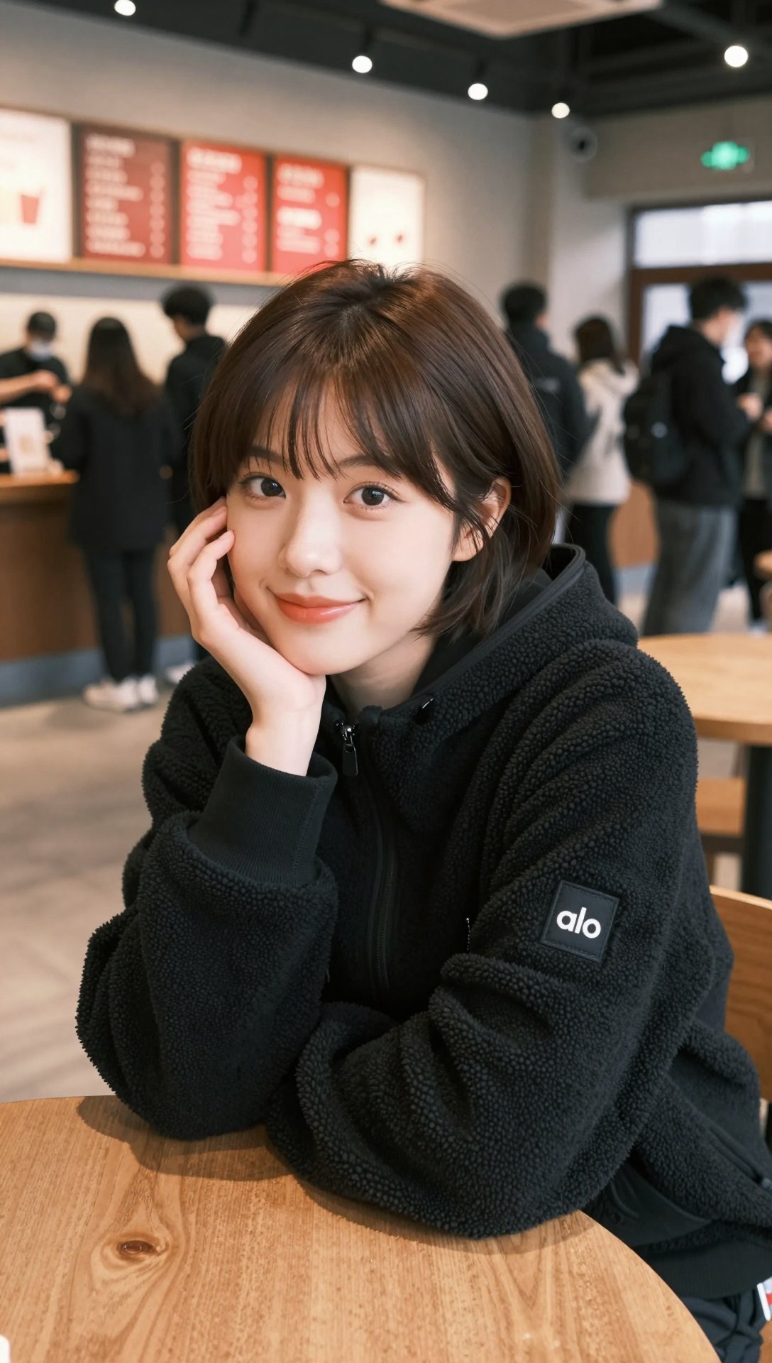 Cute Short-Haired Asian Woman in Coffee Shop Portrait