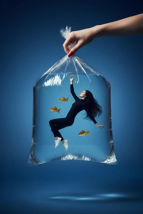 Woman Floating in Giant Transparent Plastic Water Bag