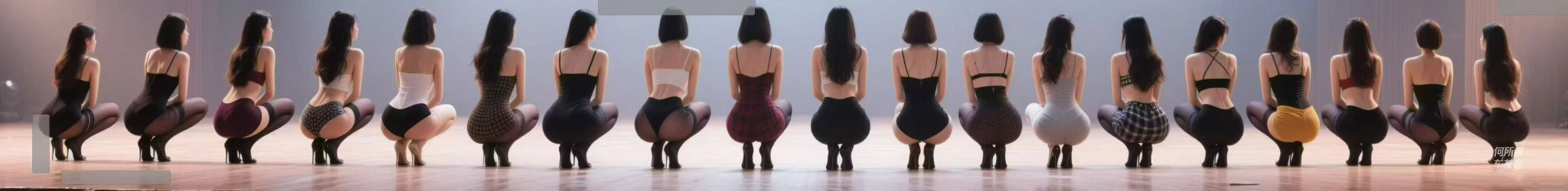 Women Squatting in Synchronized Dance Poses on Stage