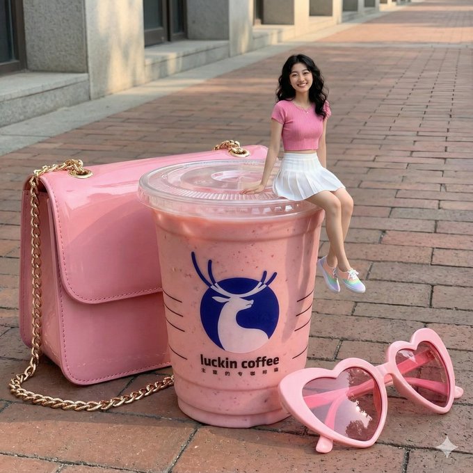 Tiny Girl Sitting on Giant Luckin Coffee Cup