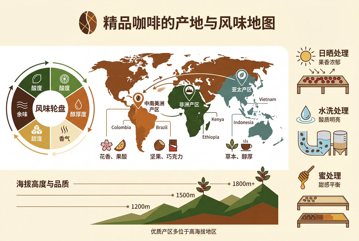Specialty Coffee Origins and Flavor Map Infographic