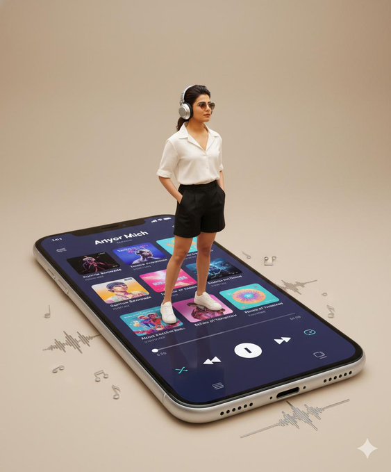 Person Standing on Oversized Smartphone Music Player
