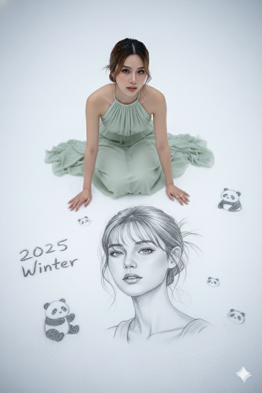 Winter Snow Kneeling Woman Pencil Portrait