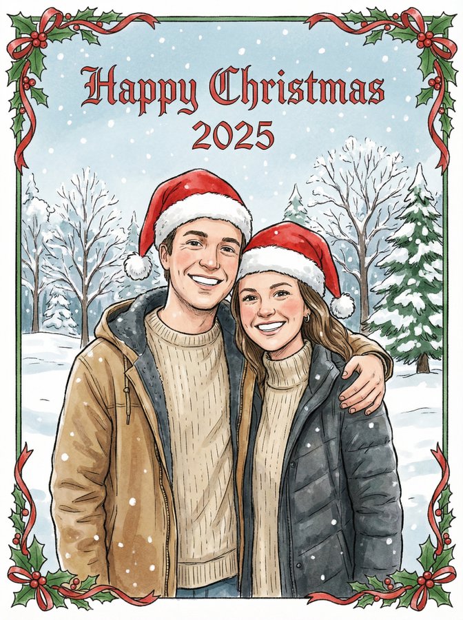 Christmas Card with Couple in Hats - Happy Christmas 2025