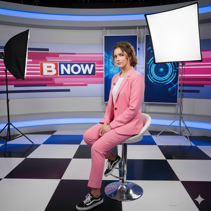 TV News Studio Anchor in Pink Blazer