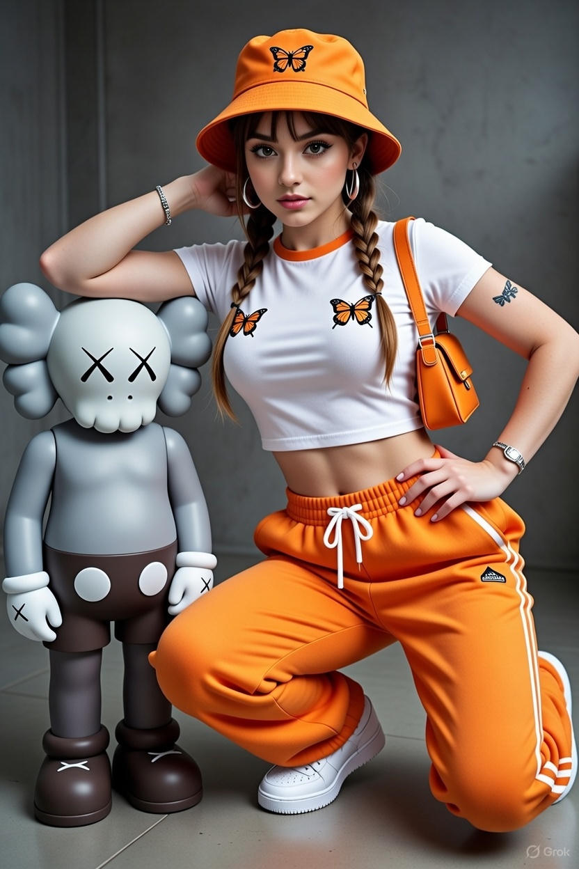 Stylish Woman Posing Next to KAWS Sculpture in Orange Streetwear