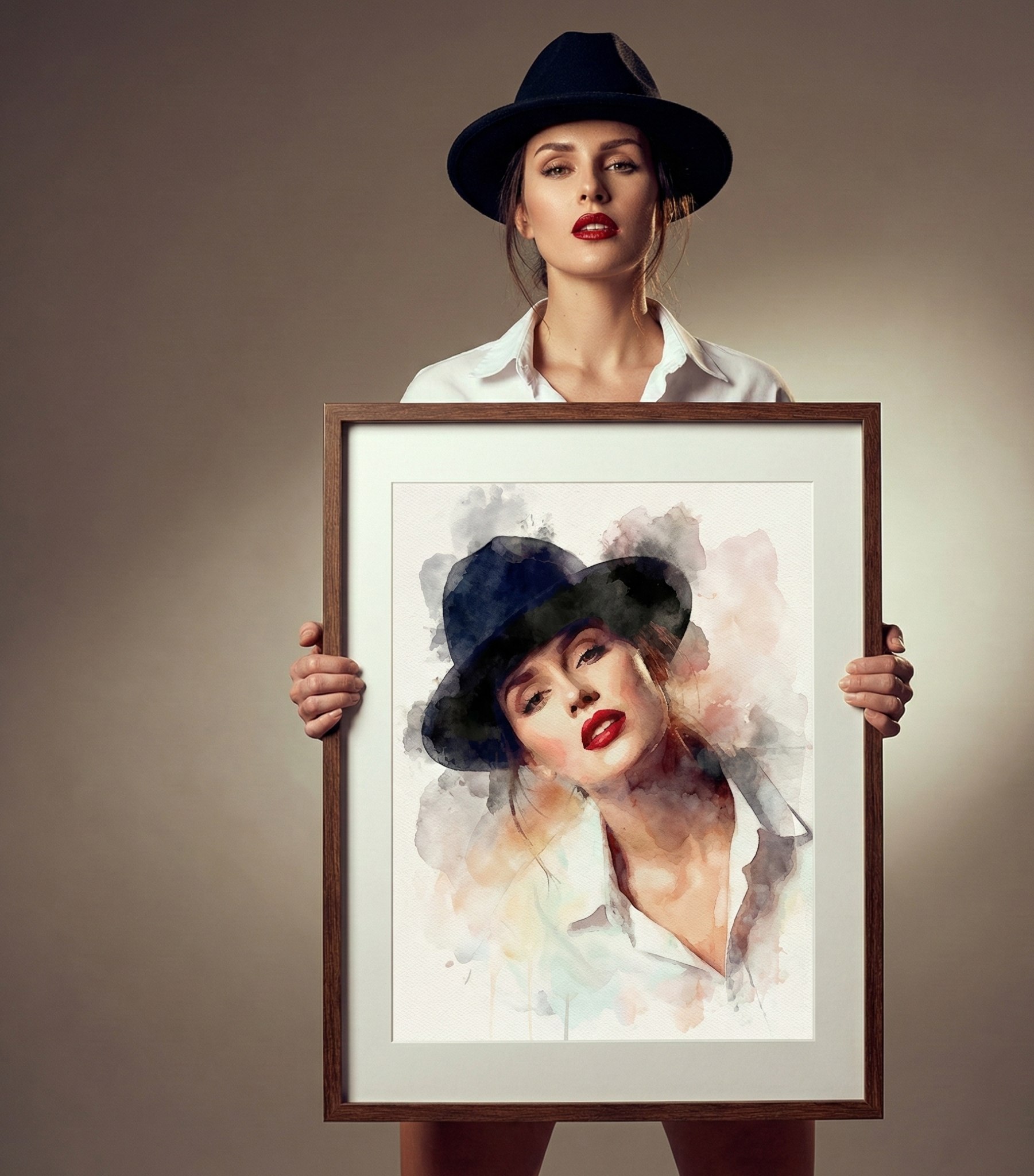 Stylish Woman Holding Wooden Self-Portrait Frame