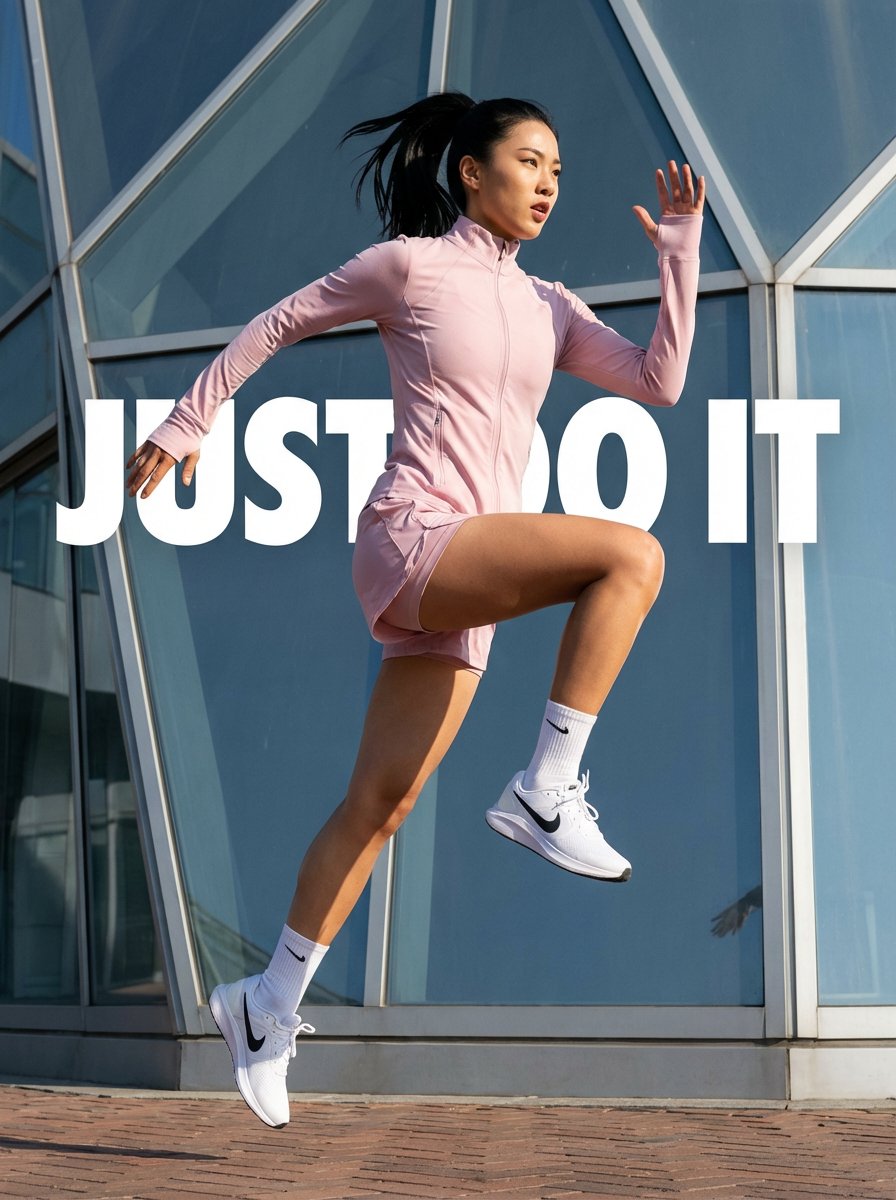 Fit Asian Woman Mid-Air Run with Nike Logo