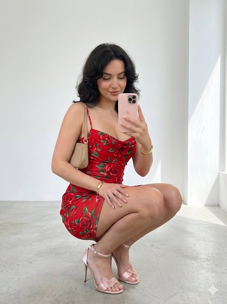 Woman Mirror Selfie in Cream Dress