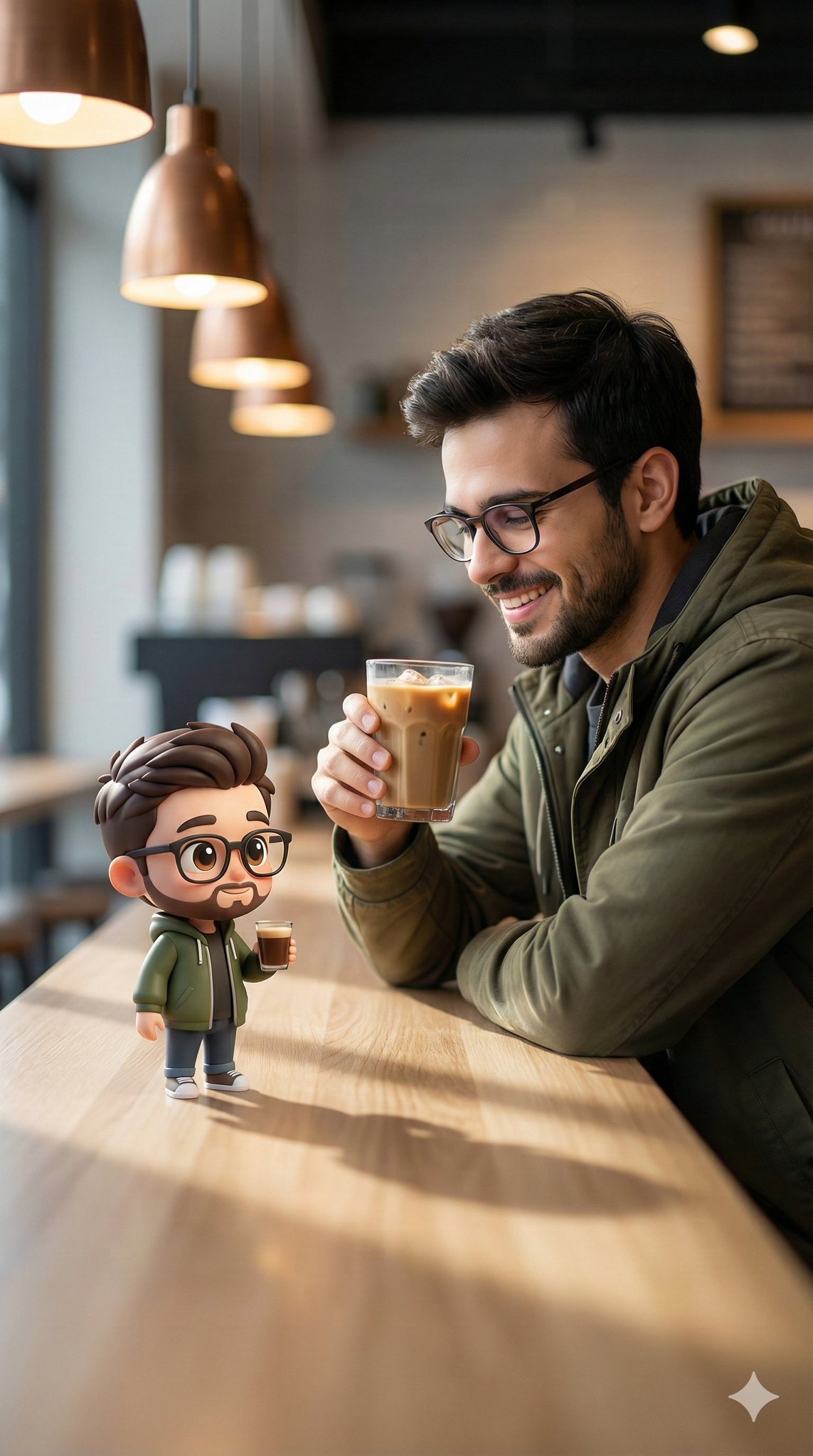 Young Man with Chibi Model at Cafe Counter