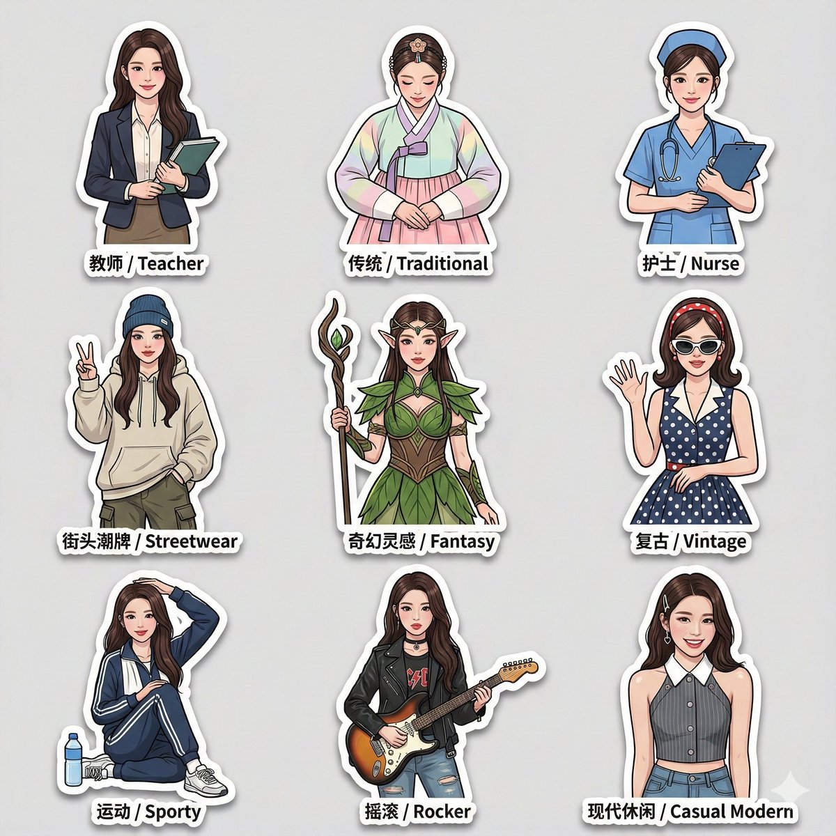 3x3 Sticker Pack with Various Fashion Styles