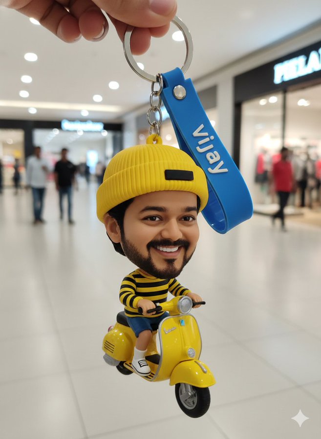 Caricature Keychain Riding Yellow Scooter Indoors