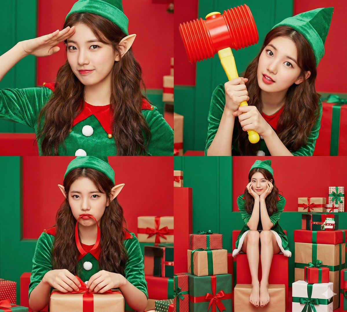 Christmas Elf 4-Panel: Salute, Hammer, Gift Wrapping, Lounging