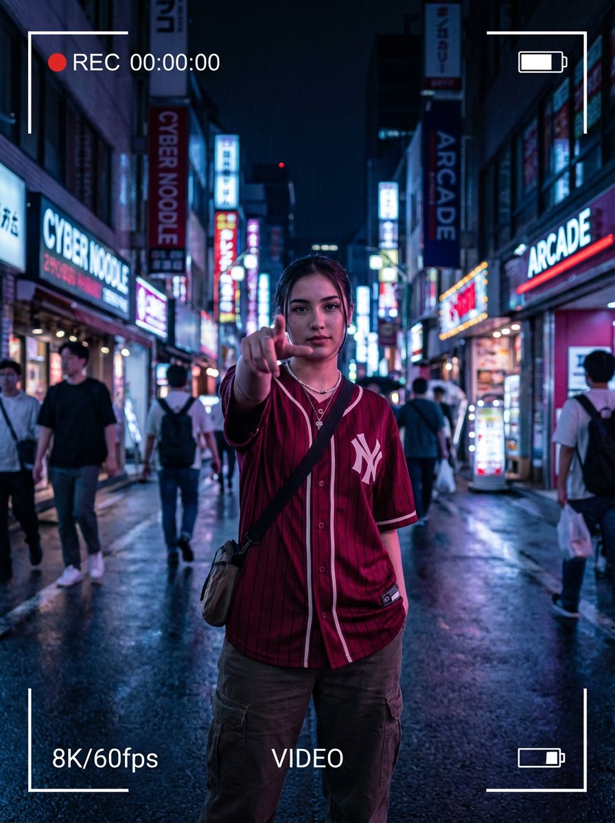 Young Woman Extending Finger in Neon Urban Night