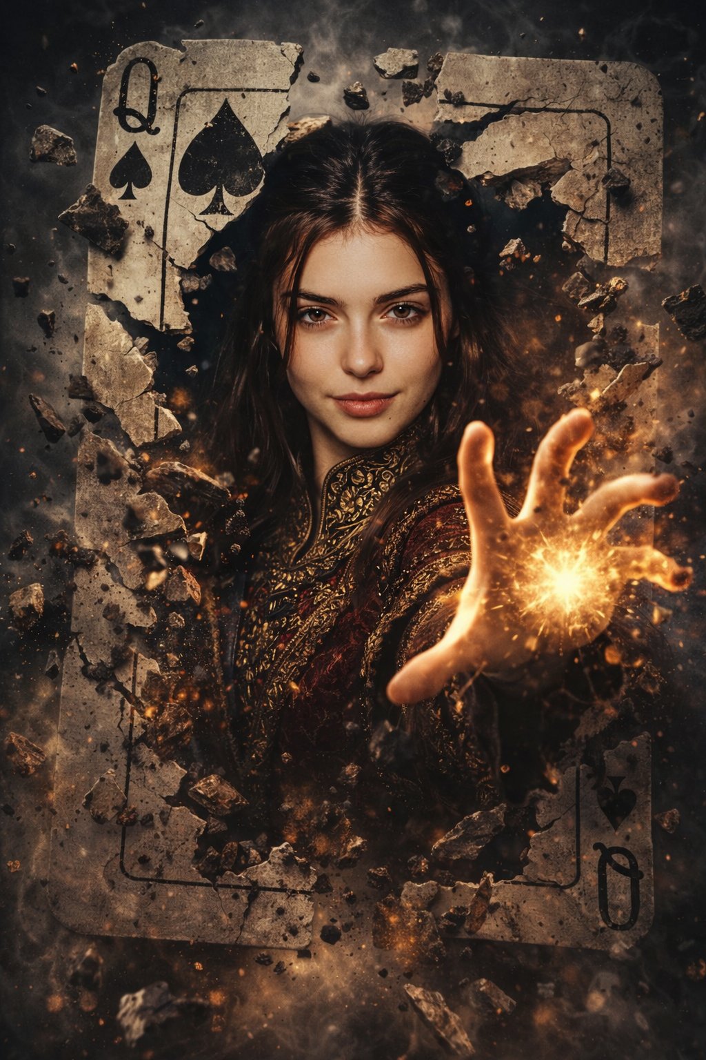 Powerful Female Sorcerer Bursting Through Queen of Spades Poster