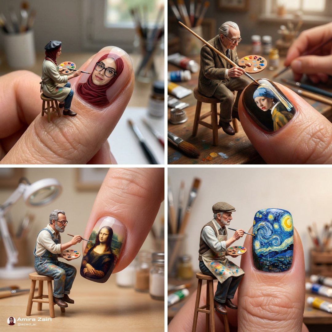 Tiny Artist Painting Masterpiece on Giant Fingernail