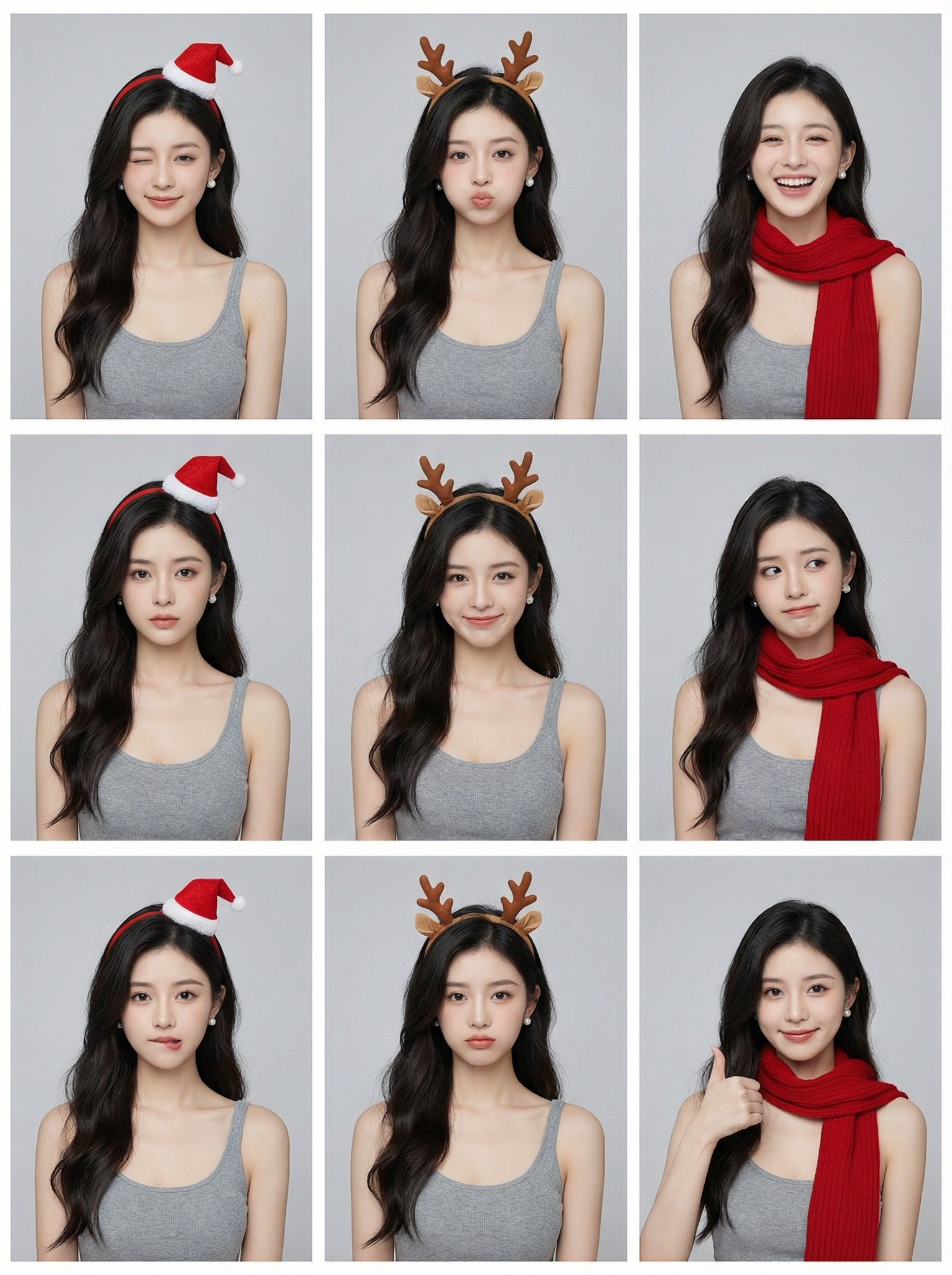 9-Grid Contact Sheet with Asian Woman Expressions