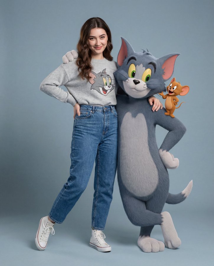 Stylish Person Arm Around Giant 3D Tom with Jerry