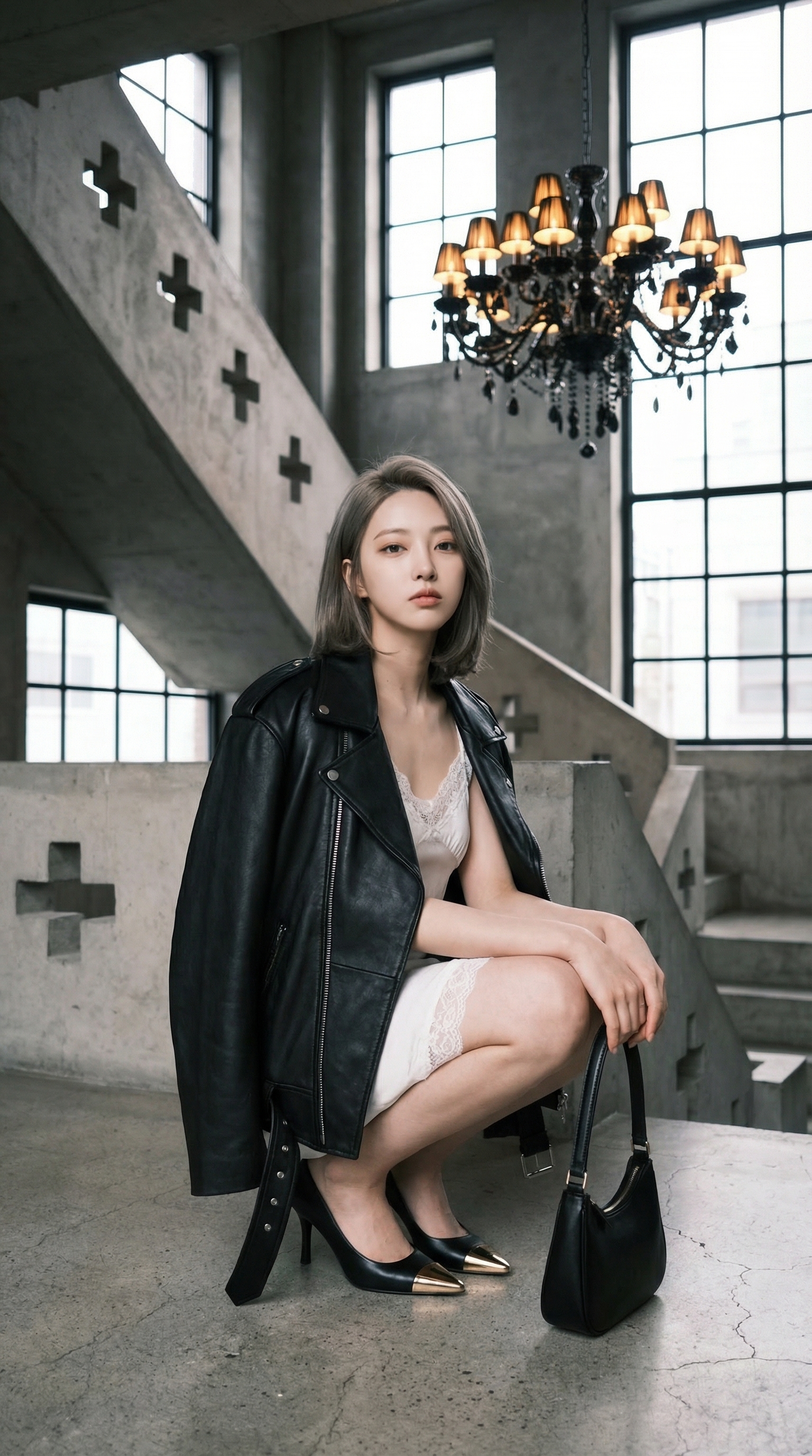 Modern-Gothic Stair Crouch Fashion Portrait