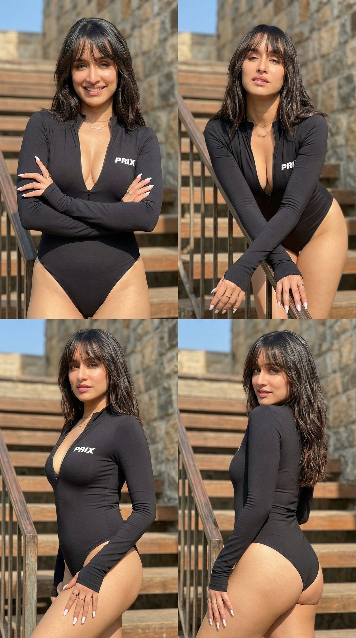 Young Woman in Black PRIX Bodysuit on Stairs 4-Panel Grid