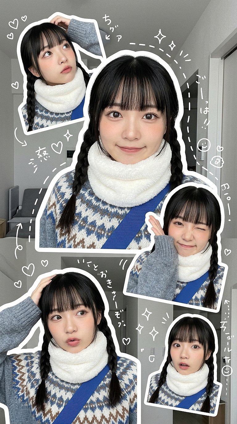 Cute East Asian Girl's Cozy Winter Sticker Selfie Collage - view 1